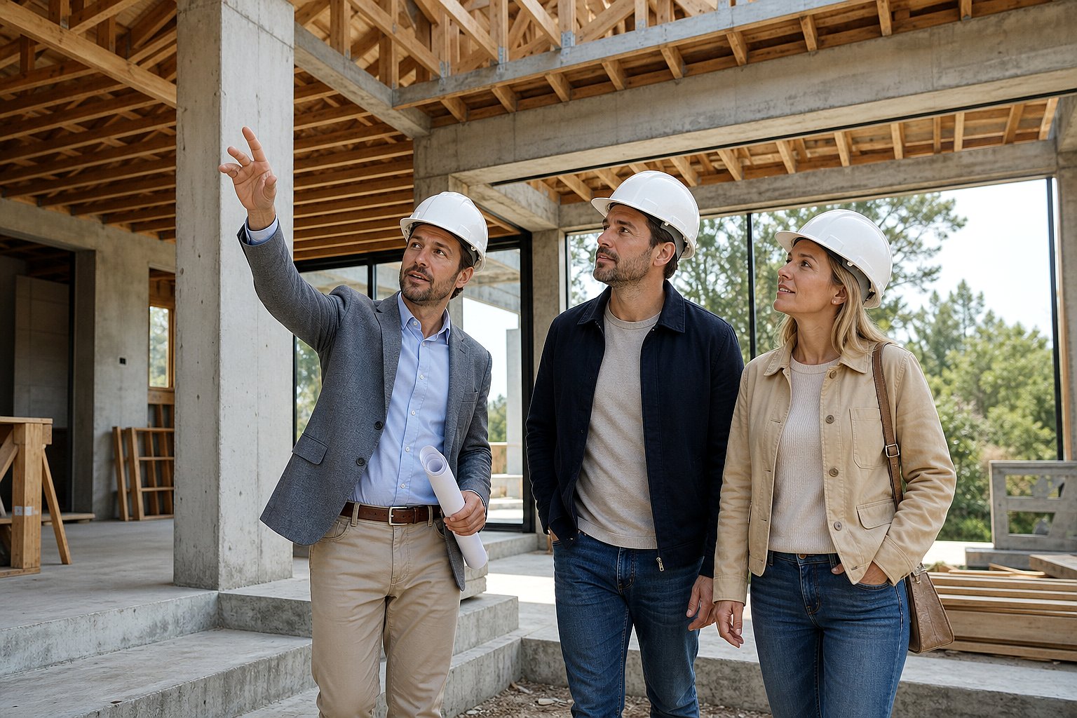 Architect walking homeowners through residential construction site explaining design-build progress