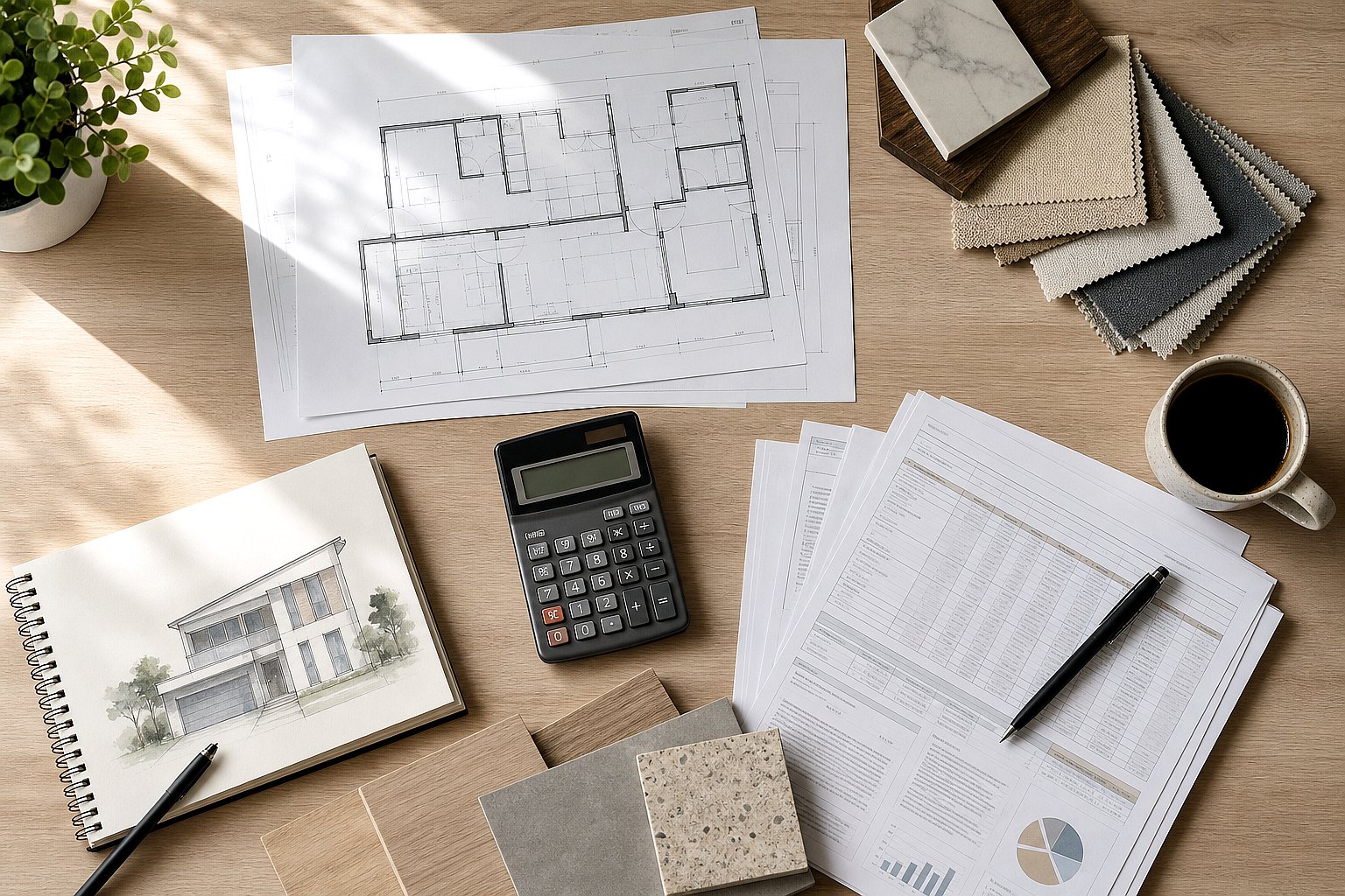 Architectural plans and cost estimate documents for residential design-build project budget planning