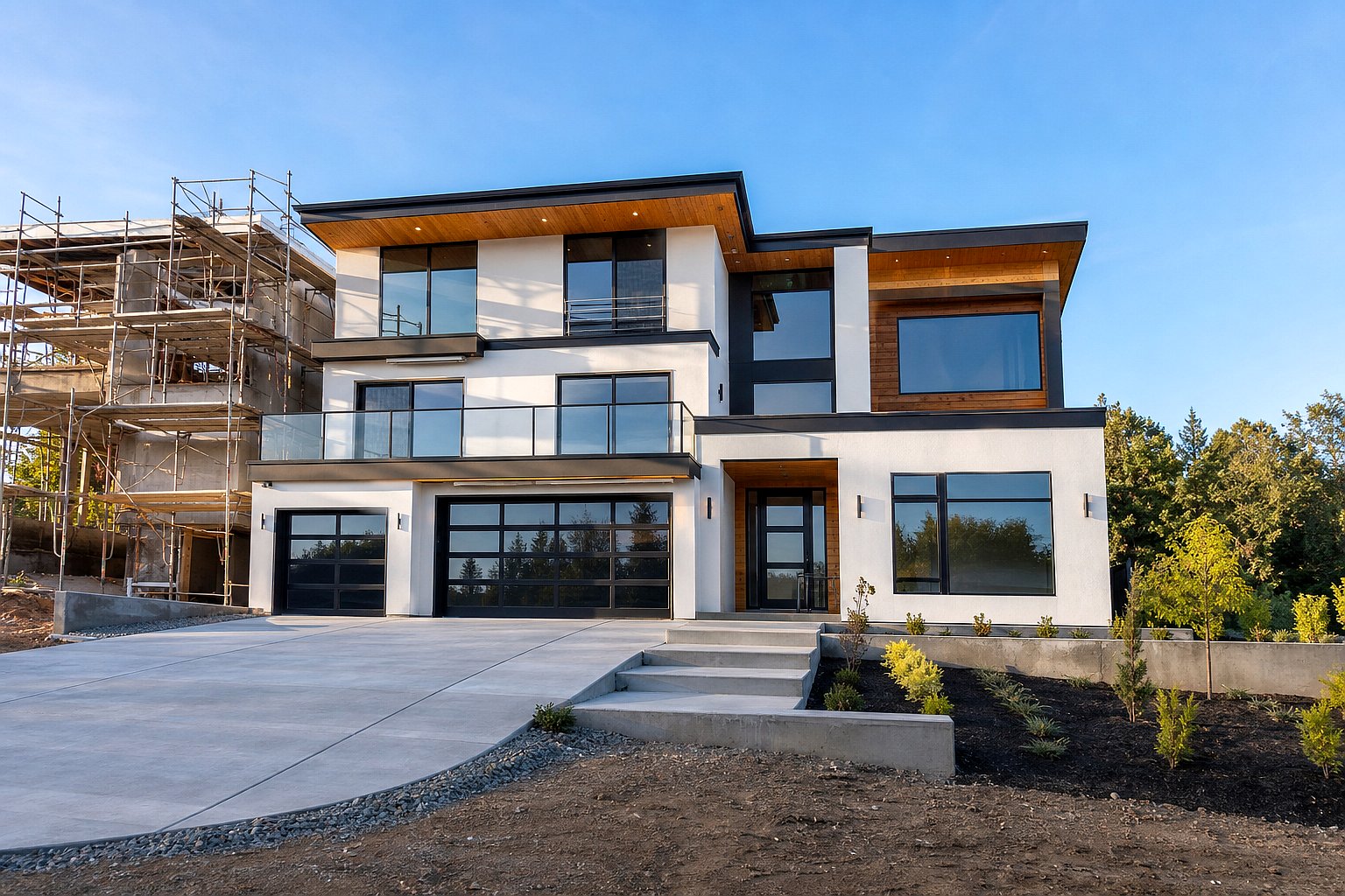 Modern custom home nearing completion with scaffolding being removed showing design-build efficiency