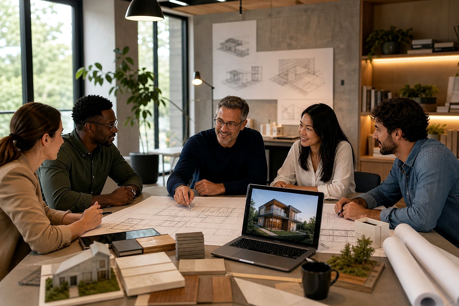 Design-build team of architects and engineers collaborating on residential construction plans