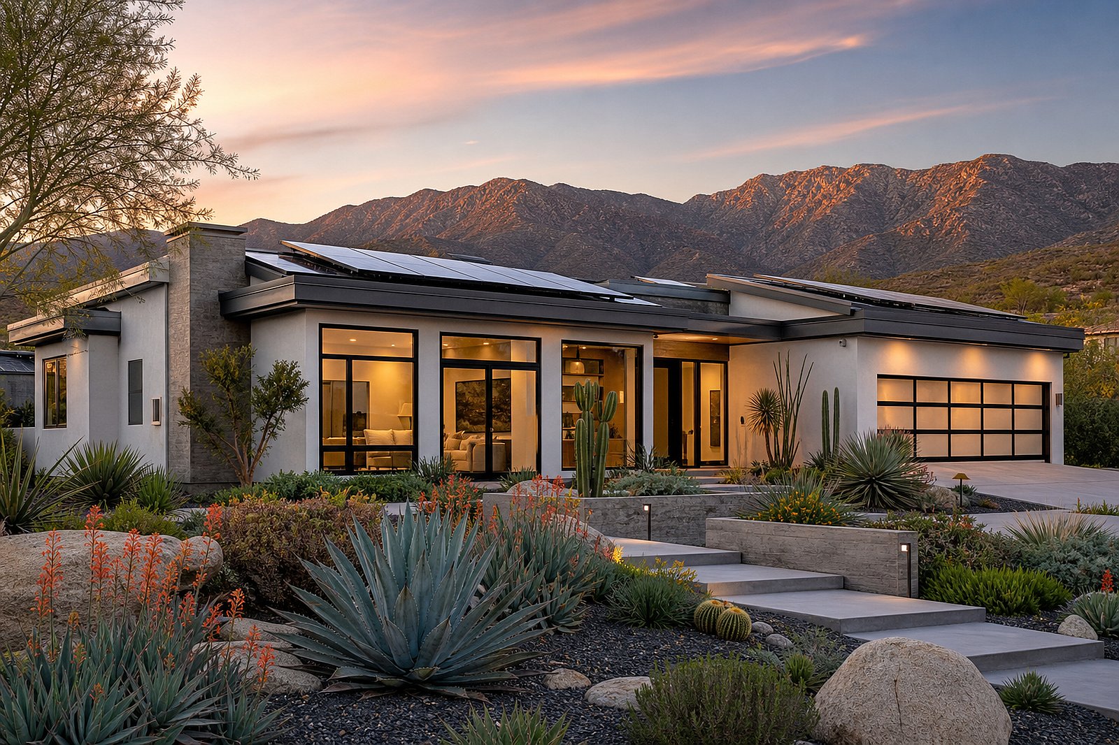 Modern energy-efficient Southern California home with stucco exterior and solar panels showing sustainable residential design