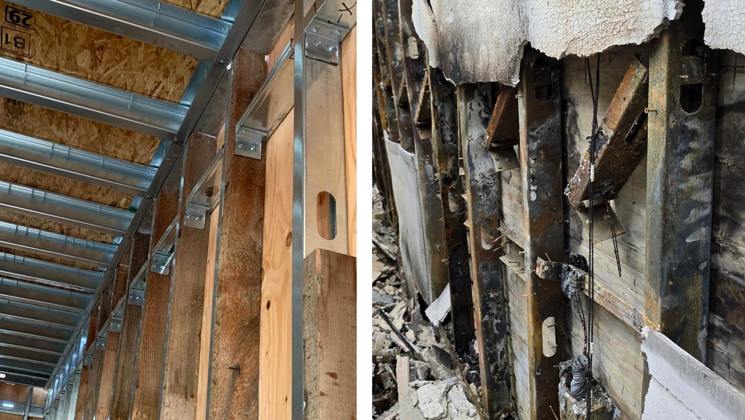 Comparison of new steel framing construction and fire-damaged building structure