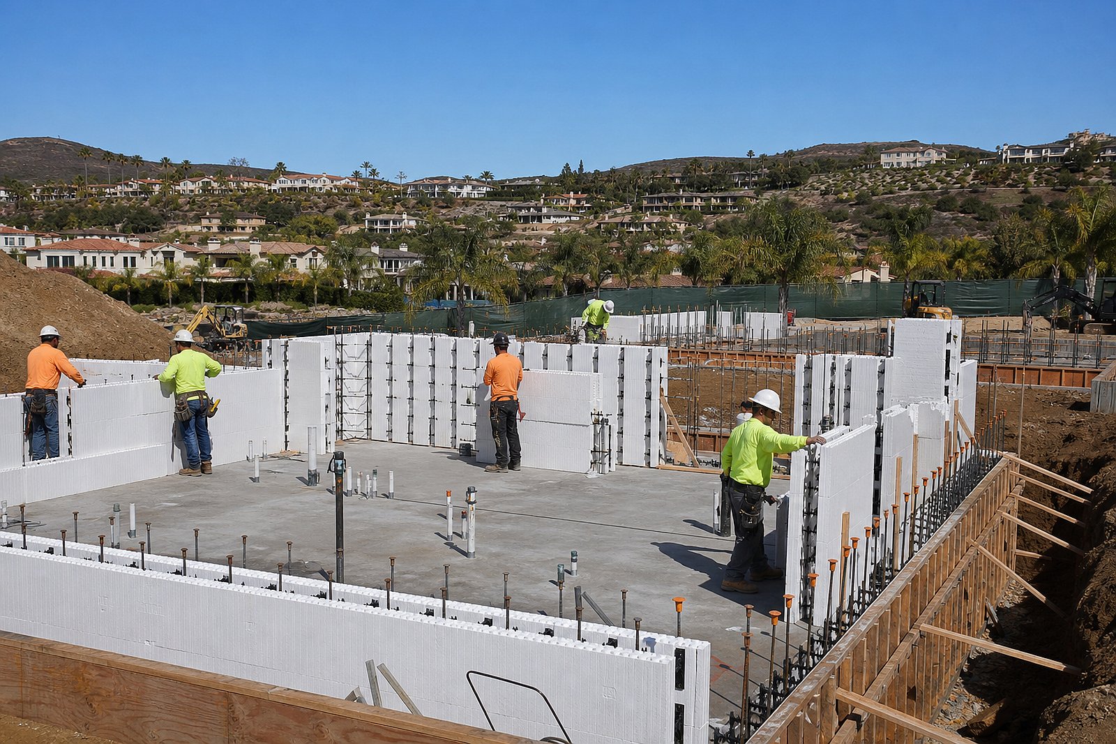 Modern residential construction site in Southern California hillside community with concrete foundation work