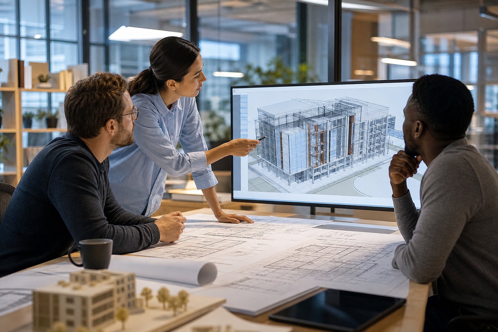 Architectural team reviewing ICF construction plans and BIM model on screen at modern office in Southern California