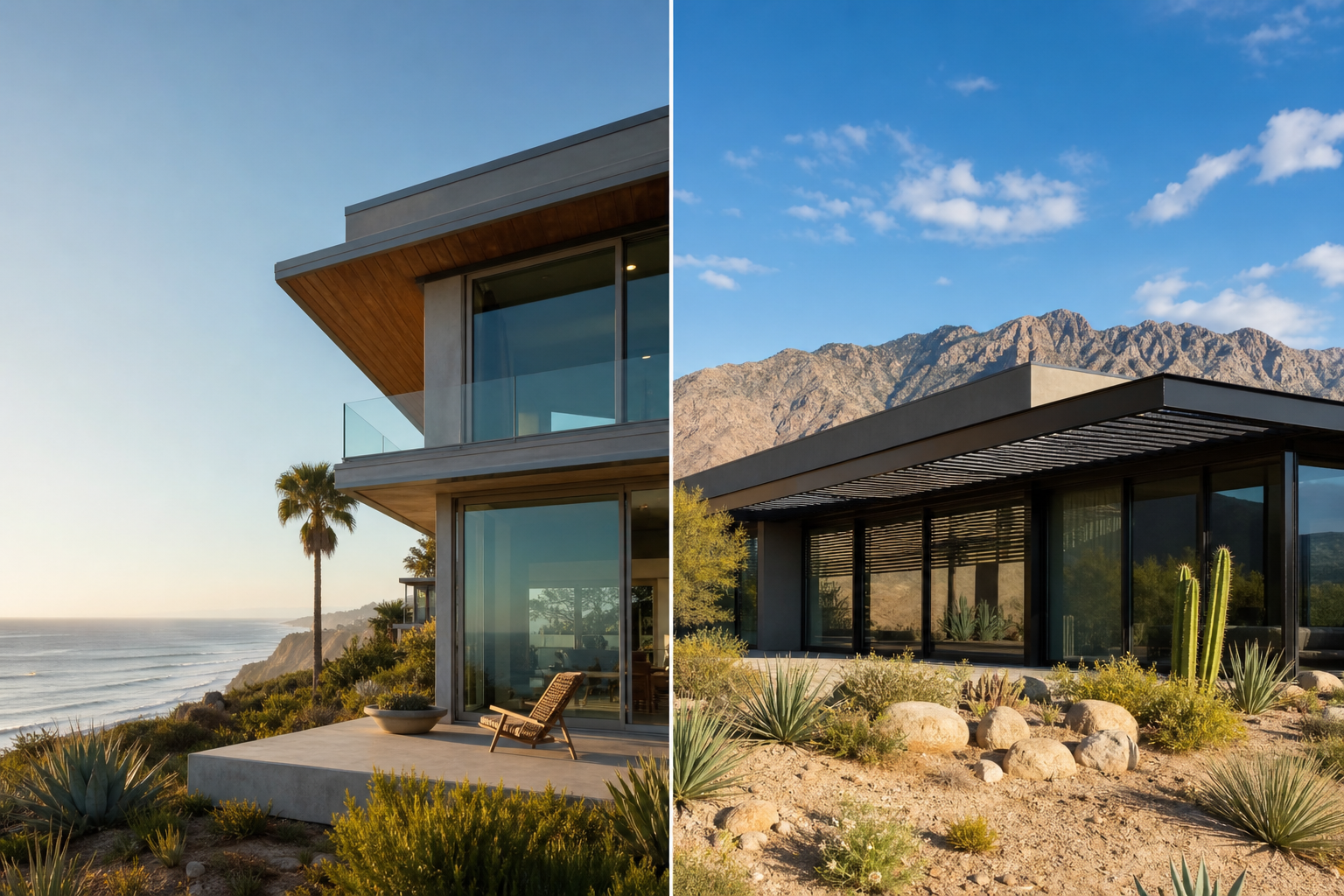Energy-efficient Southern California residential design with solar panels cool roof and large glass elements