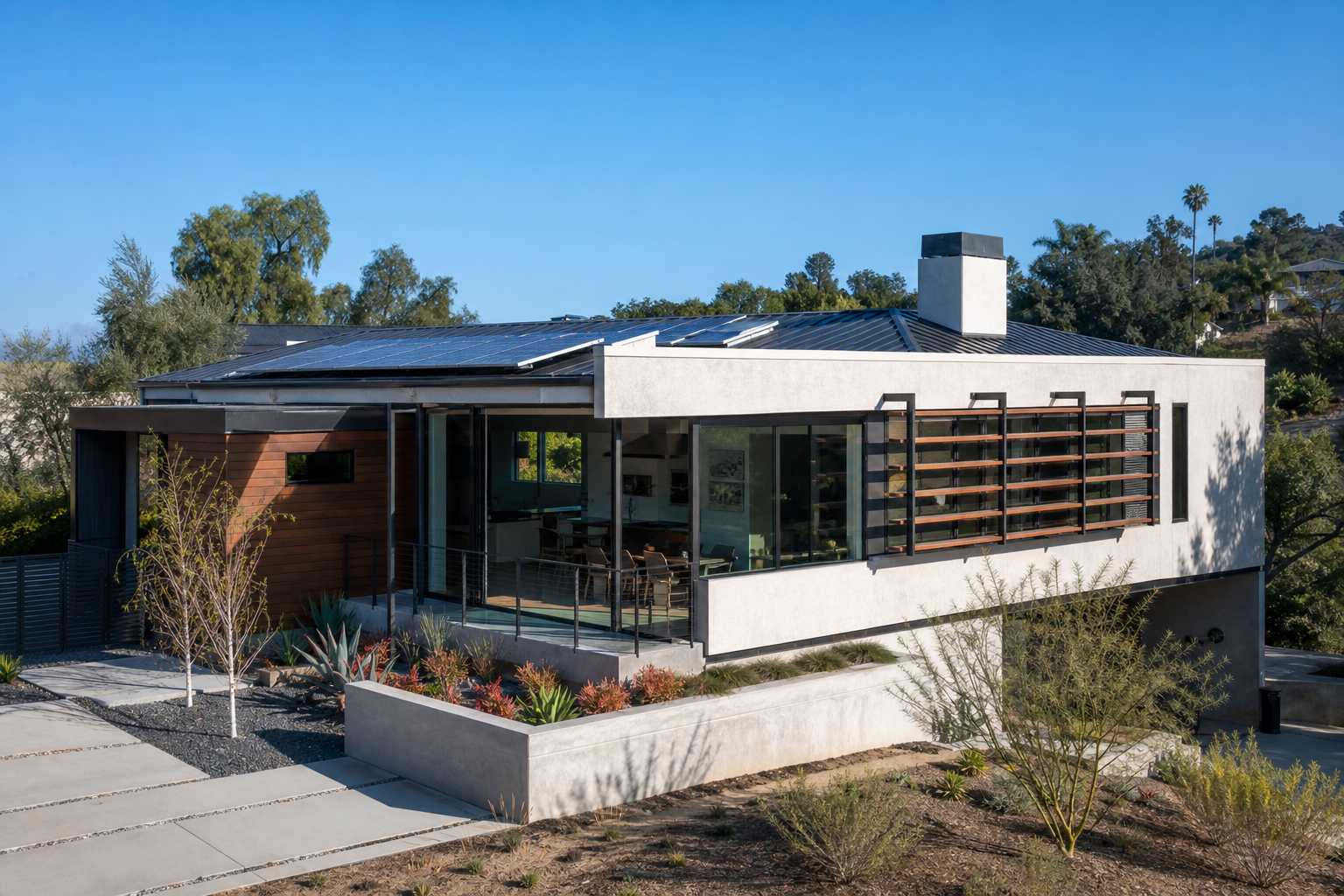 Southern California home with exterior shading devices protecting west-facing windows from afternoon sun