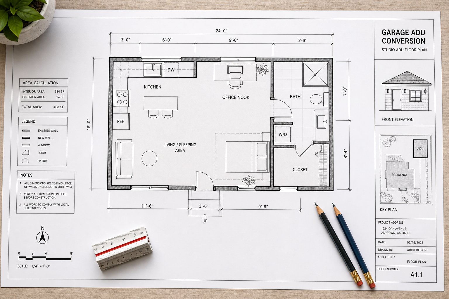 Architectural floor plan drawings for a detached garage ADU conversion