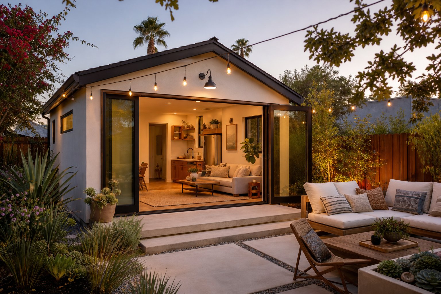 A detached garage ADU with sliding doors opening to a private patio in Southern California