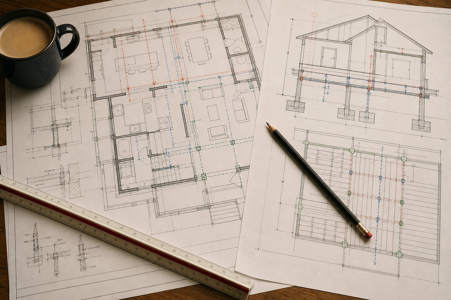 Architectural and structural engineering drawings for residential remodel showing beam spans and load paths