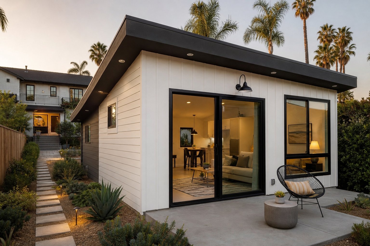 A modern detached garage ADU conversion with contemporary design in a Southern California backyard