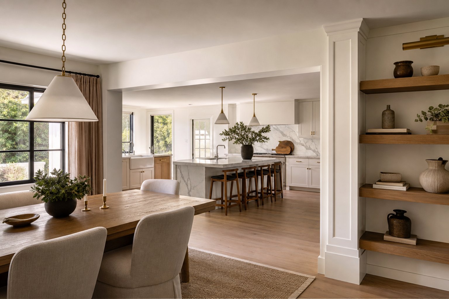 Remodeled dining room and kitchen with wide cased opening hidden beam and built-in shelving in Southern California ranch home