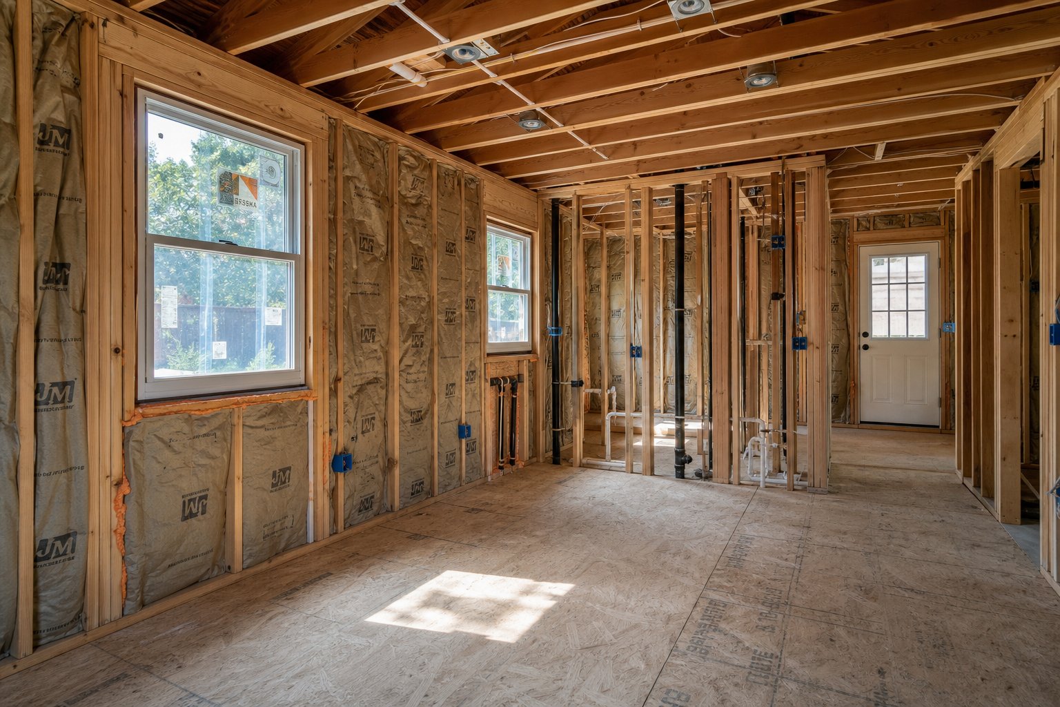 Construction photo showing a garage being converted into an ADU with framing and insulation