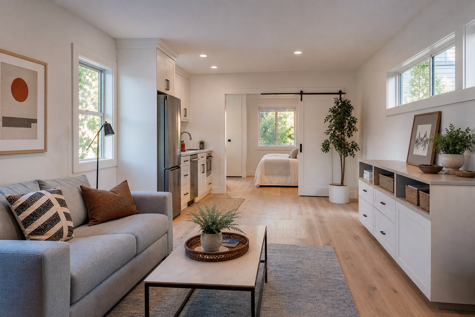 Interior of a compact modern ADU studio with kitchen, living area, and built-in storage