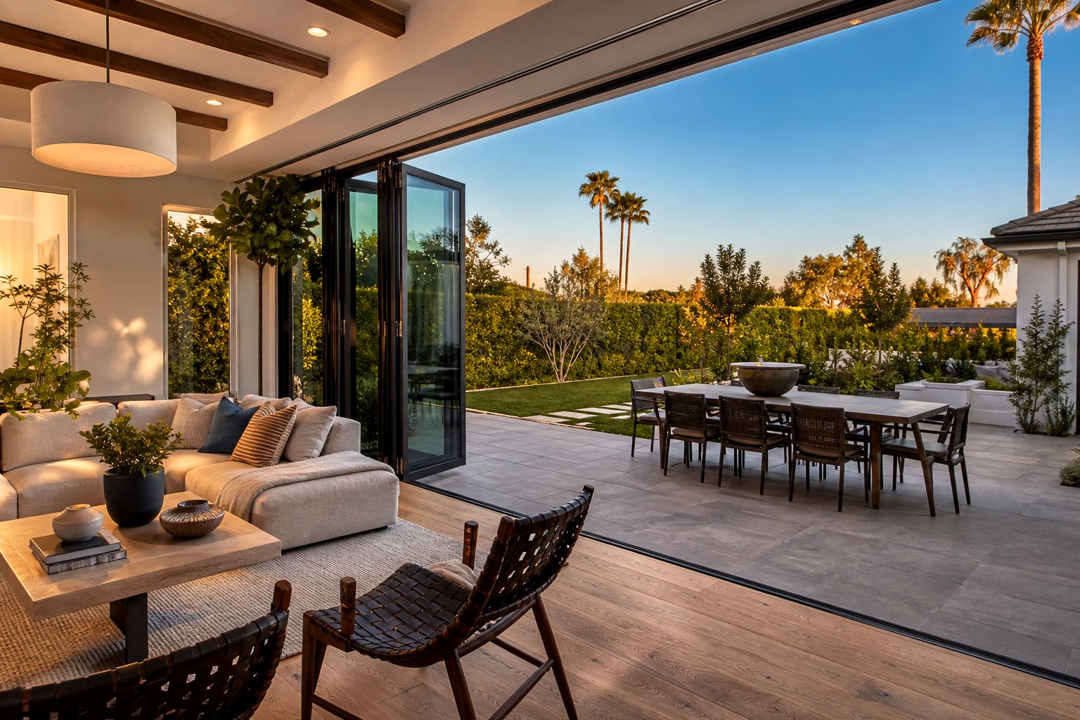Indoor outdoor living with multi-panel folding glass doors connecting living room to backyard patio in Southern California home