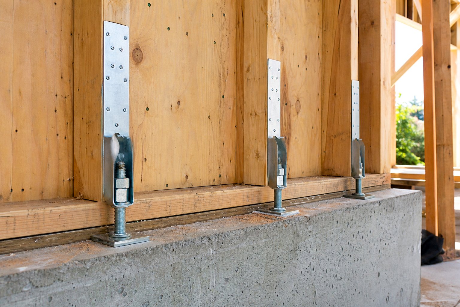 Seismic retrofit shear wall with hold-downs and anchor bolts in Southern California home renovation