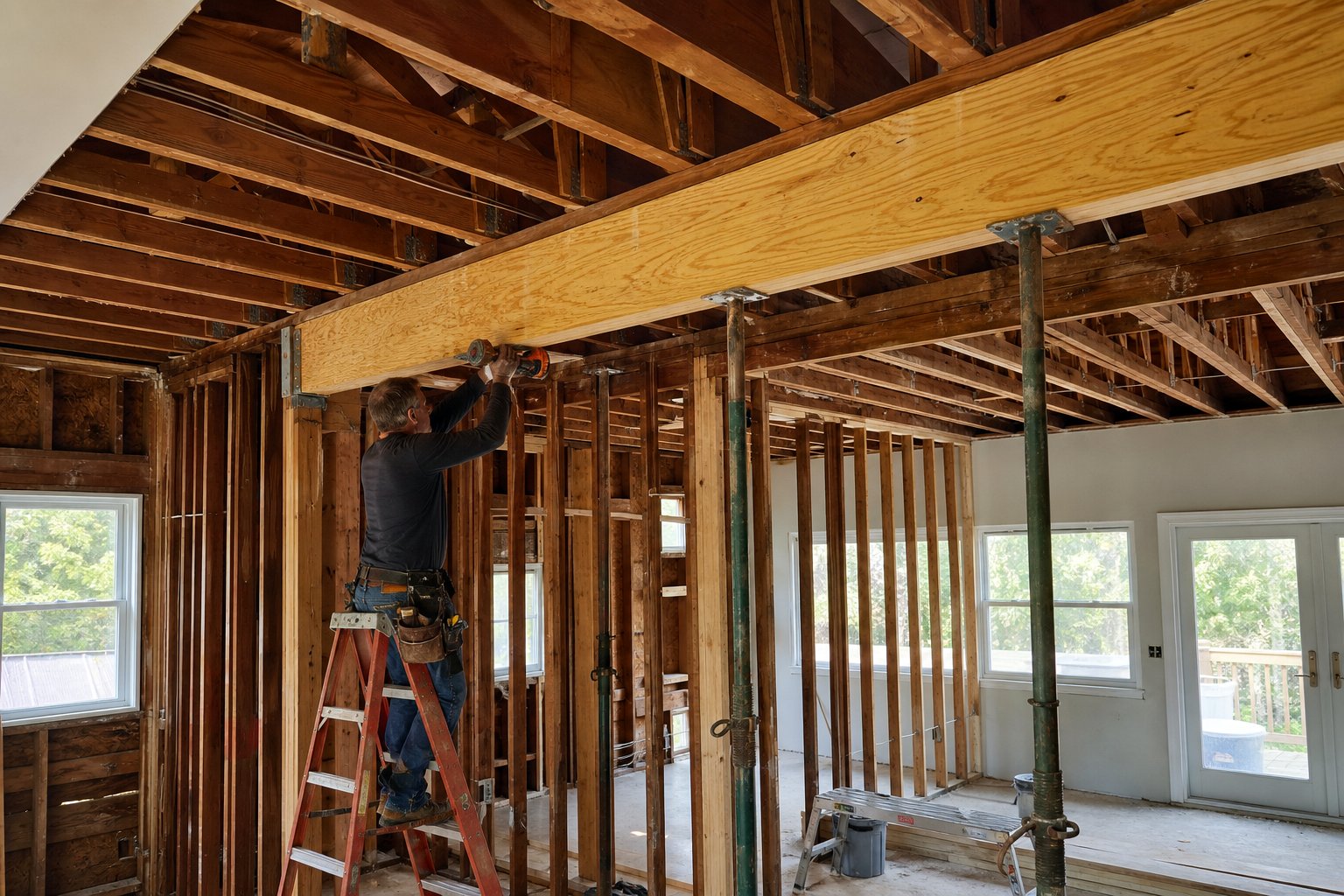 Structural LVL beam installation during load-bearing wall removal in residential home remodel