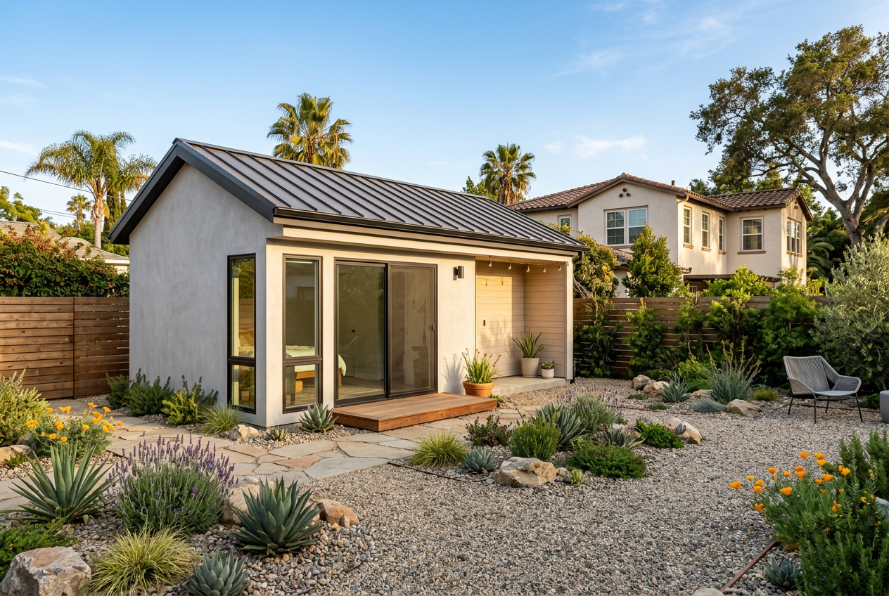 Modern backyard ADU in Southern California with fire-resistant materials and defensible landscaping