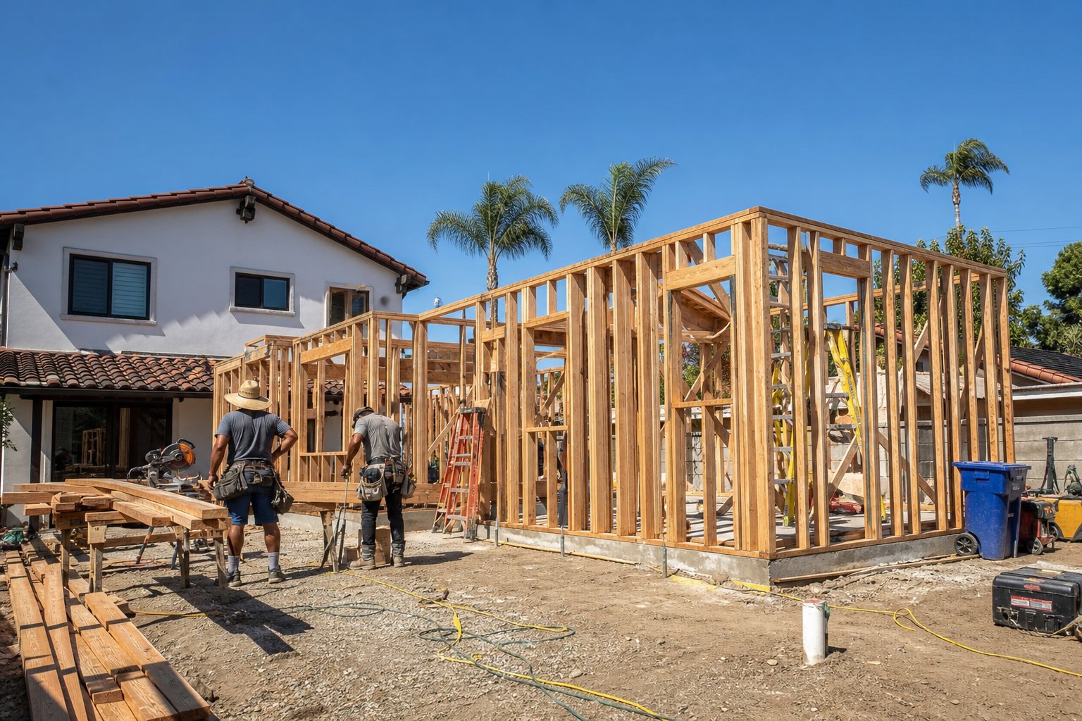 ADU framing and construction underway in spring in Southern California