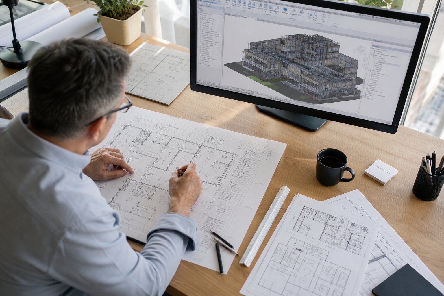 Architect reviewing blueprints and design drawings for a residential remodel