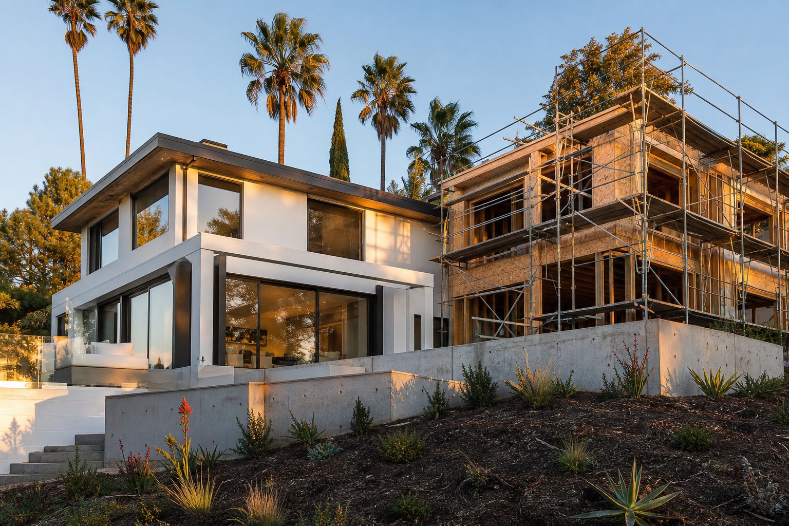 Southern California home mid-remodel with open walls and framing visible