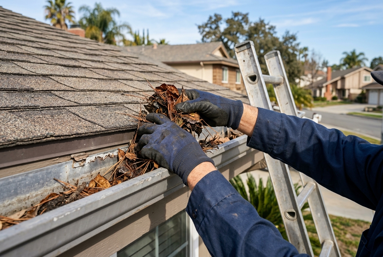 Homeowner cleaning dry leaves and debris out of a roof gutter before wildfire season