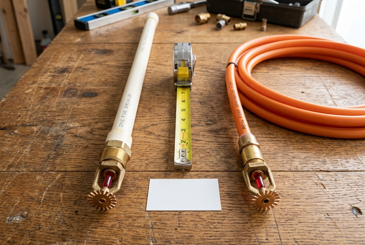 CPVC and FIREPEX residential fire sprinkler pipe and fittings compared on a workbench