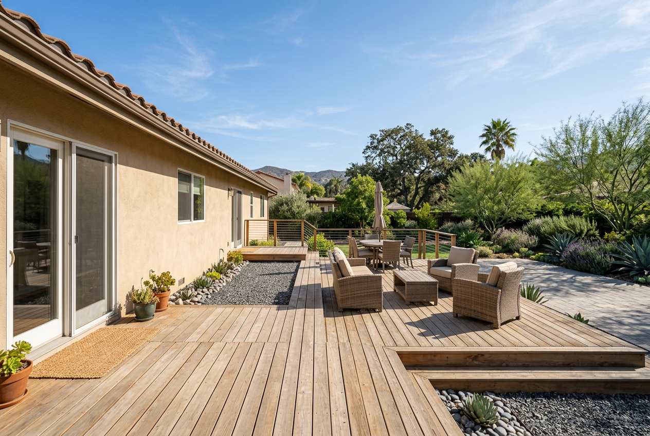 Backyard deck with a noncombustible gravel gap separating it from the house