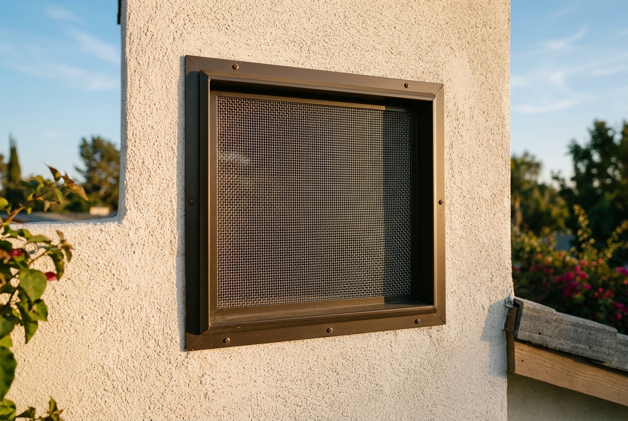 Close-up of an ember-resistant metal mesh attic vent on a Southern California home