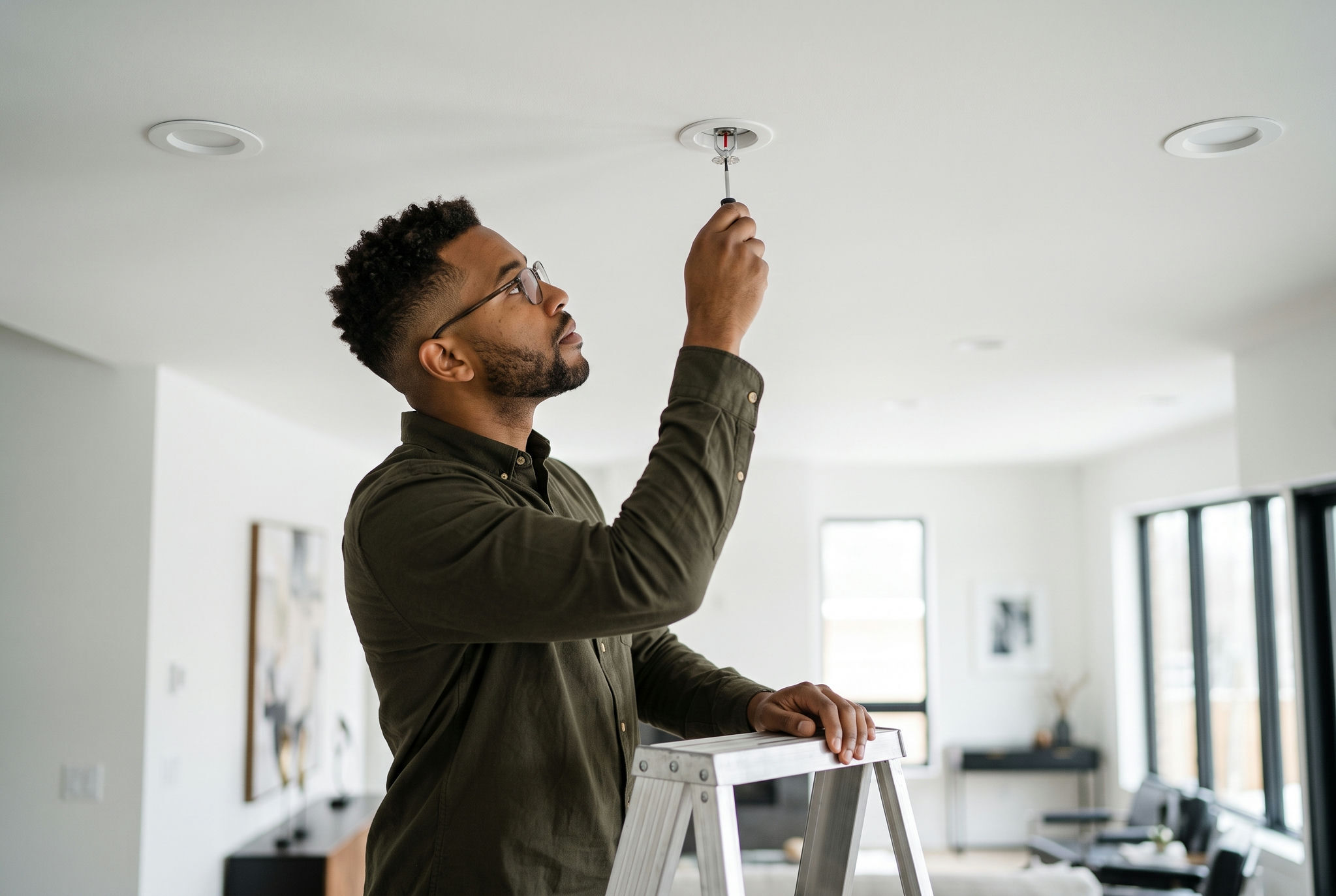Engineer inspecting a concealed residential fire sprinkler head installed in a ceiling