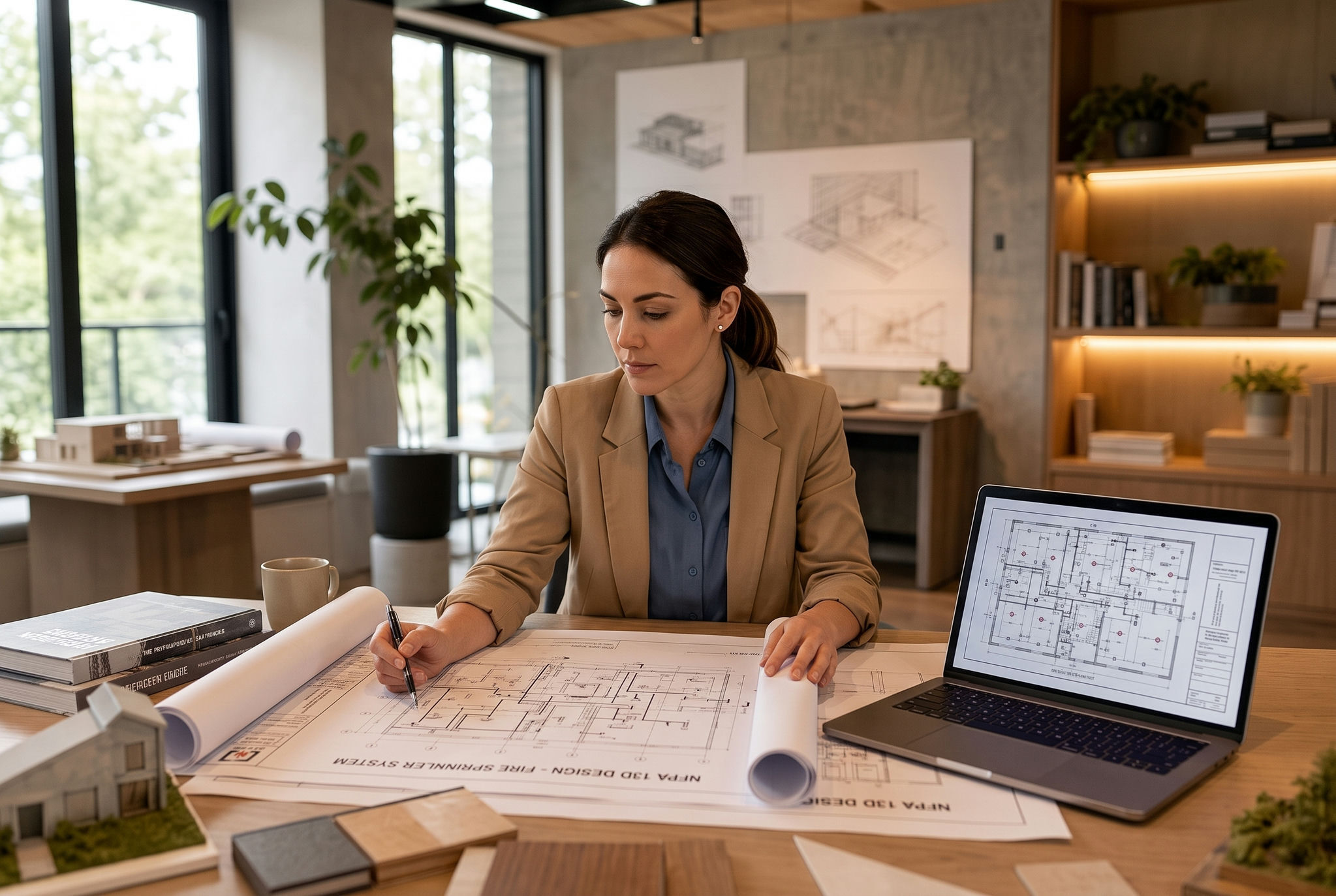 Engineer reviewing NFPA 13D residential fire sprinkler plans on a laptop