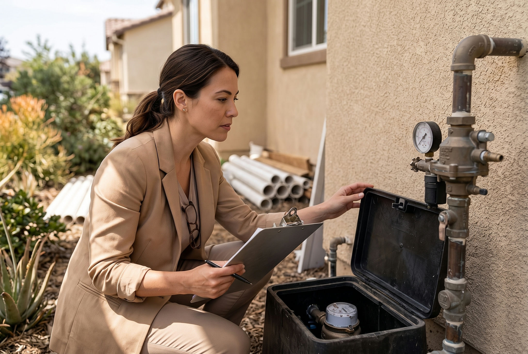 Engineer inspecting an outdoor water meter and pressure regulator for a residential fire sprinkler retrofit
