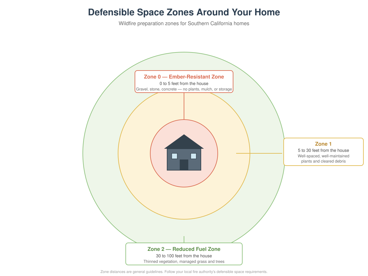 Diagram showing Zone 0, Zone 1, and Zone 2 defensible space rings around a house for wildfire protection