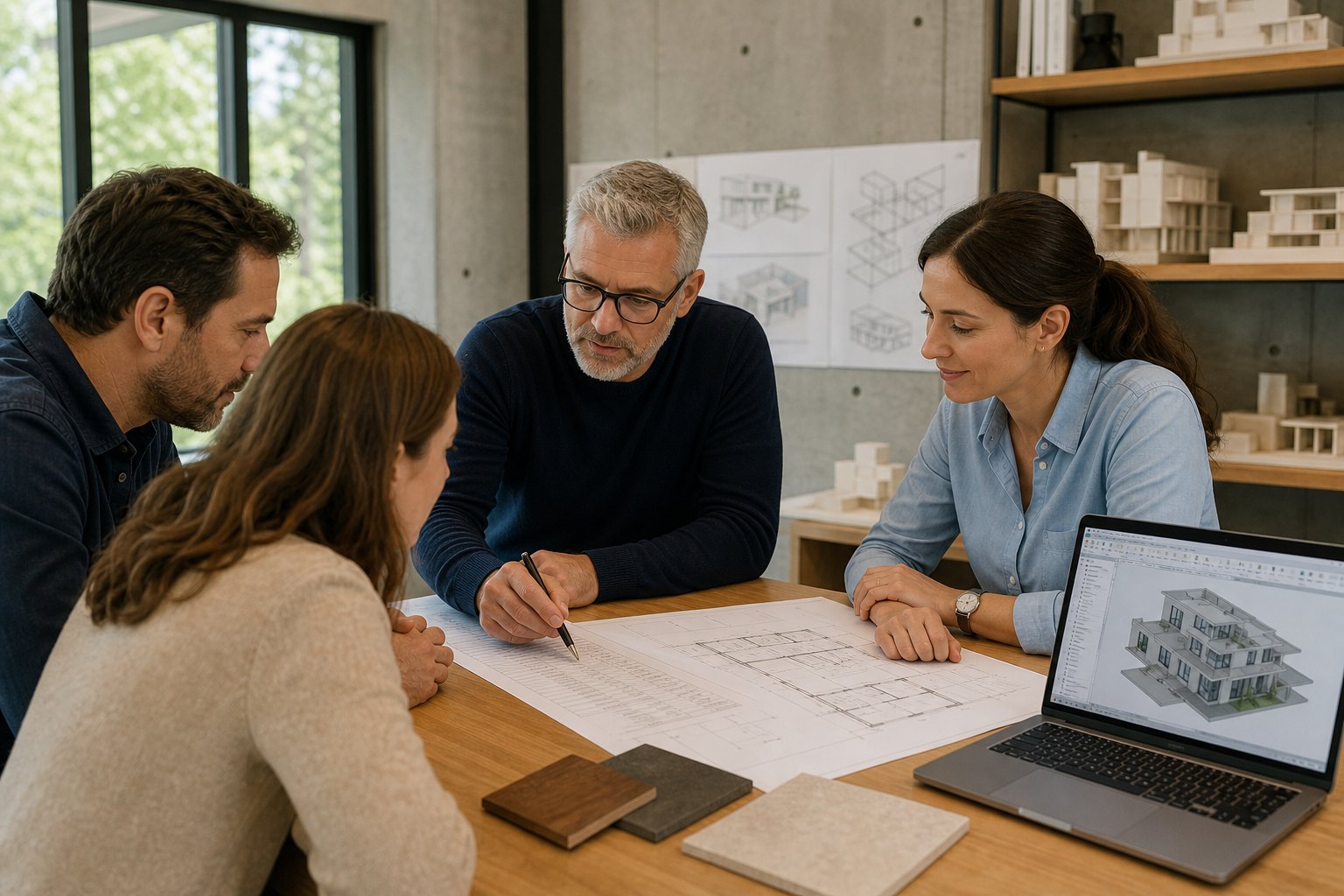 Architects reviewing residential construction budget and floor plans with homeowners in a Southern California design studio