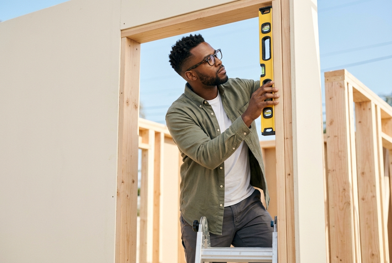 Engineer on a ladder inspecting the header connection of a prefabricated wall panel at a Southern California ADU jobsite