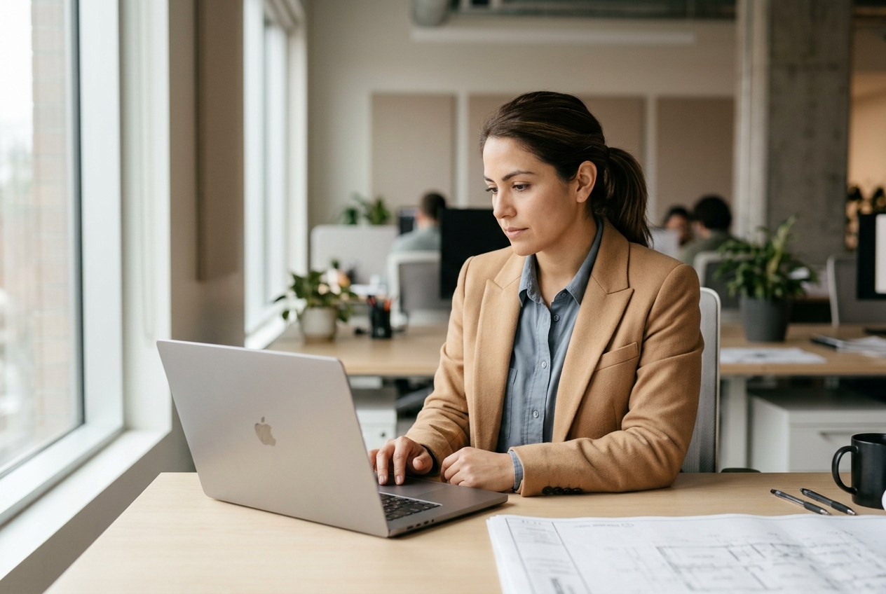 Engineer reviewing structural drawings of prefabricated wall panel connections on a laptop before fabrication