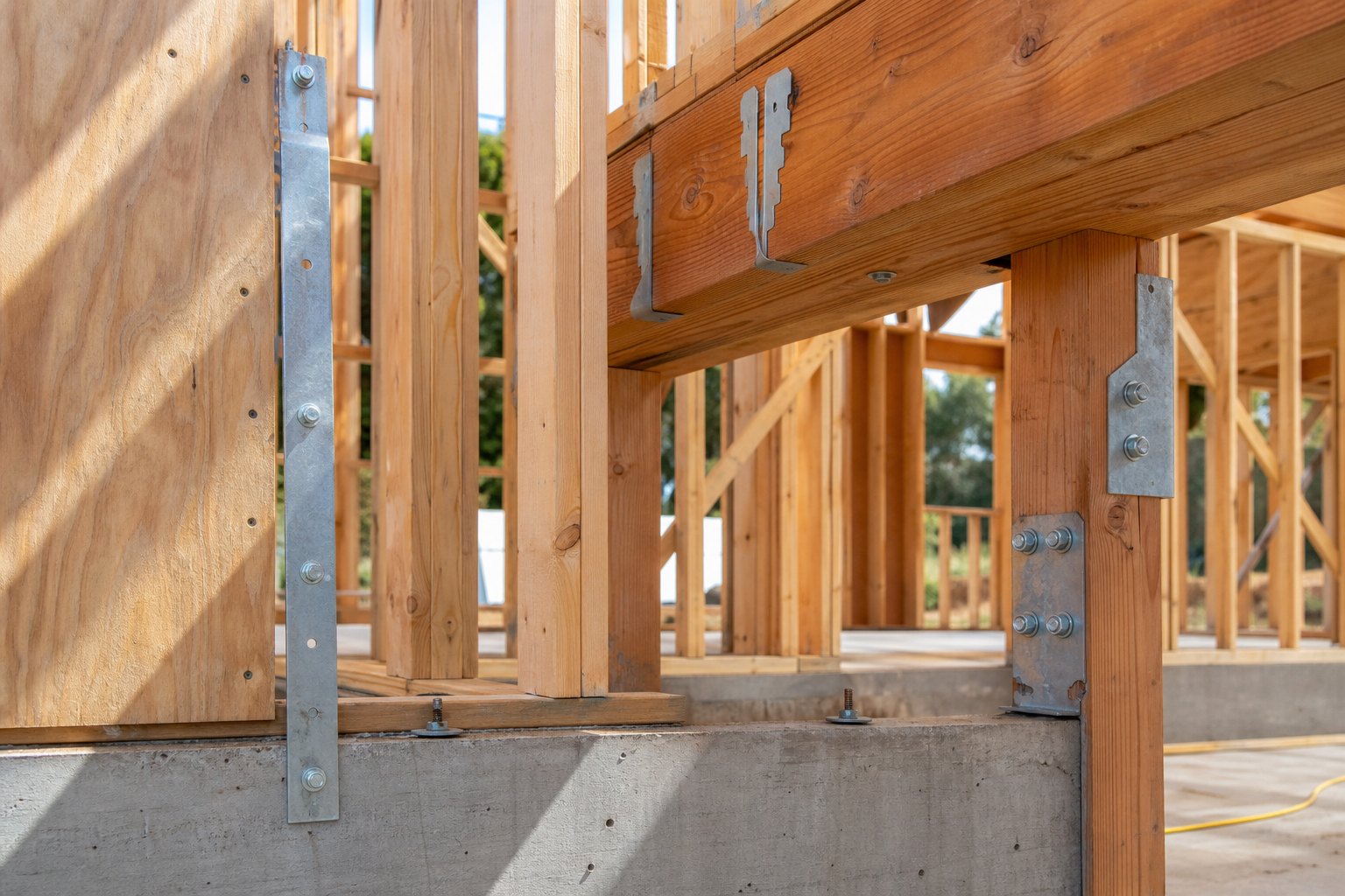 Close-up of residential structural framing with shear wall sheathing, hold-down straps, anchor bolts and beam connections