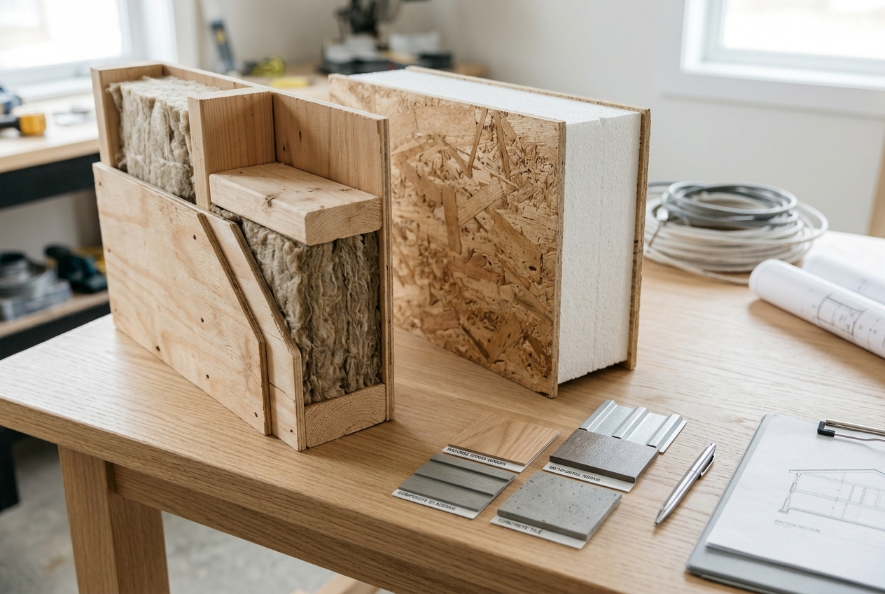Cross-section comparison of a panelized wood-framed wall panel and a Structural Insulated Panel (SIP) with material swatches on a workbench