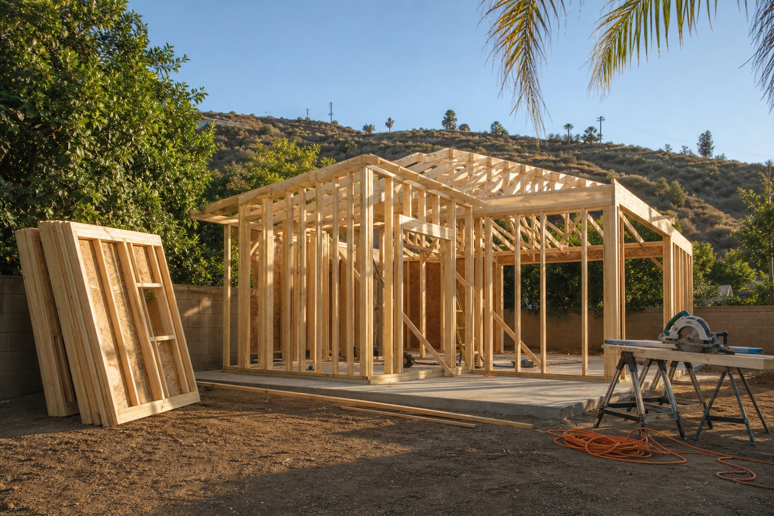 Detached ADU under construction in a Southern California backyard with new slab, framed walls and panelized wall sections