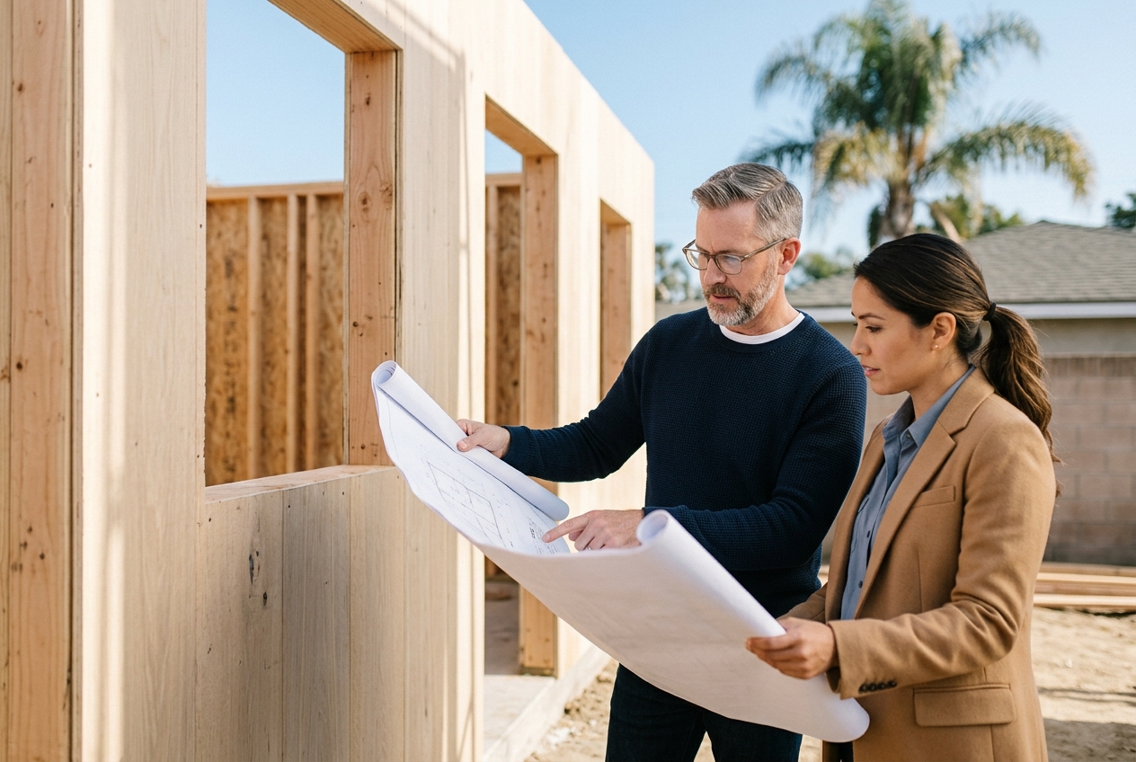 Architect and engineer holding up an architectural drawing against a newly installed prefabricated wall panel at a Southern California backyard ADU site