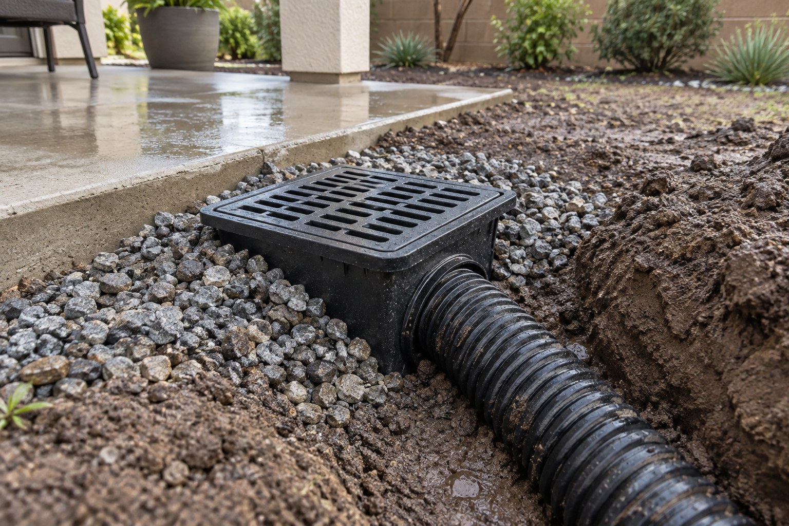 Catch basin area drain installed flush in a graded backyard with gravel and corrugated drain pipe in an open trench