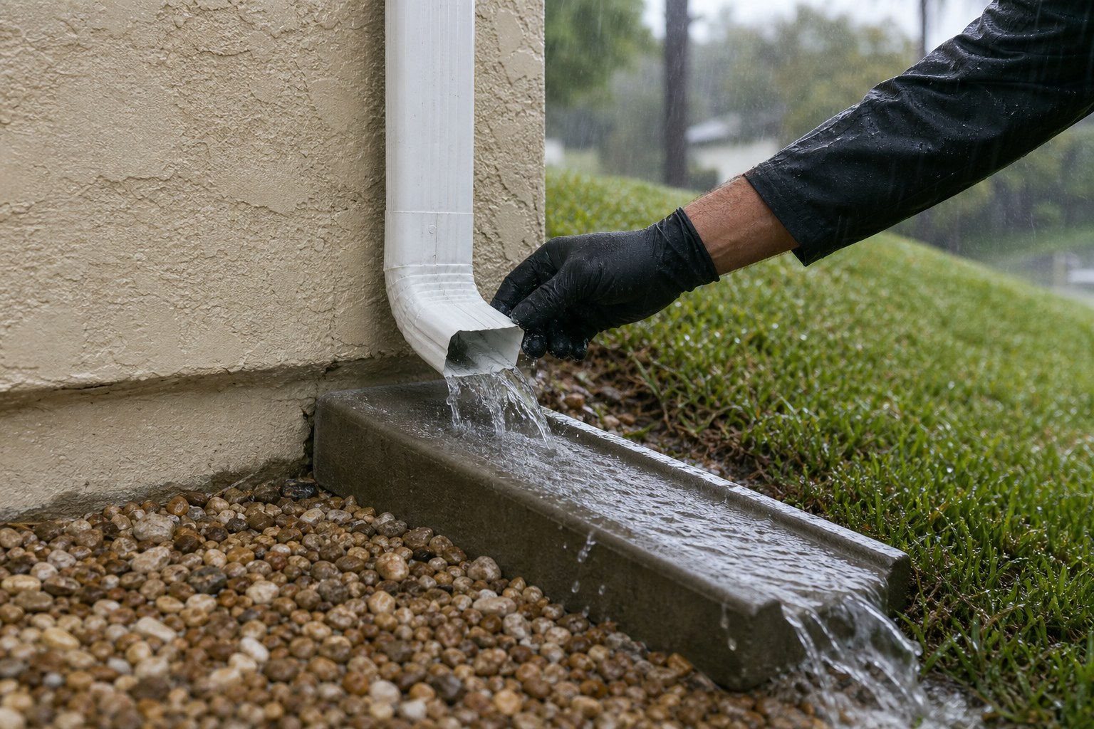 Where a downspout discharges matters as much as whether the gutter is clear.