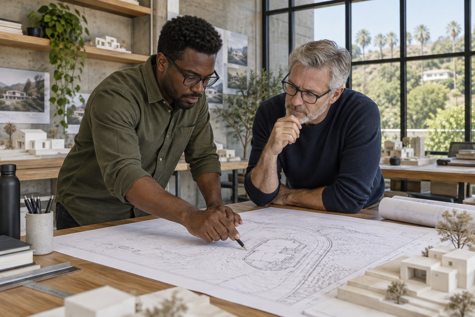 Civil engineer and lead architect reviewing a residential grading and drainage plan in the PixelArch LLC studio