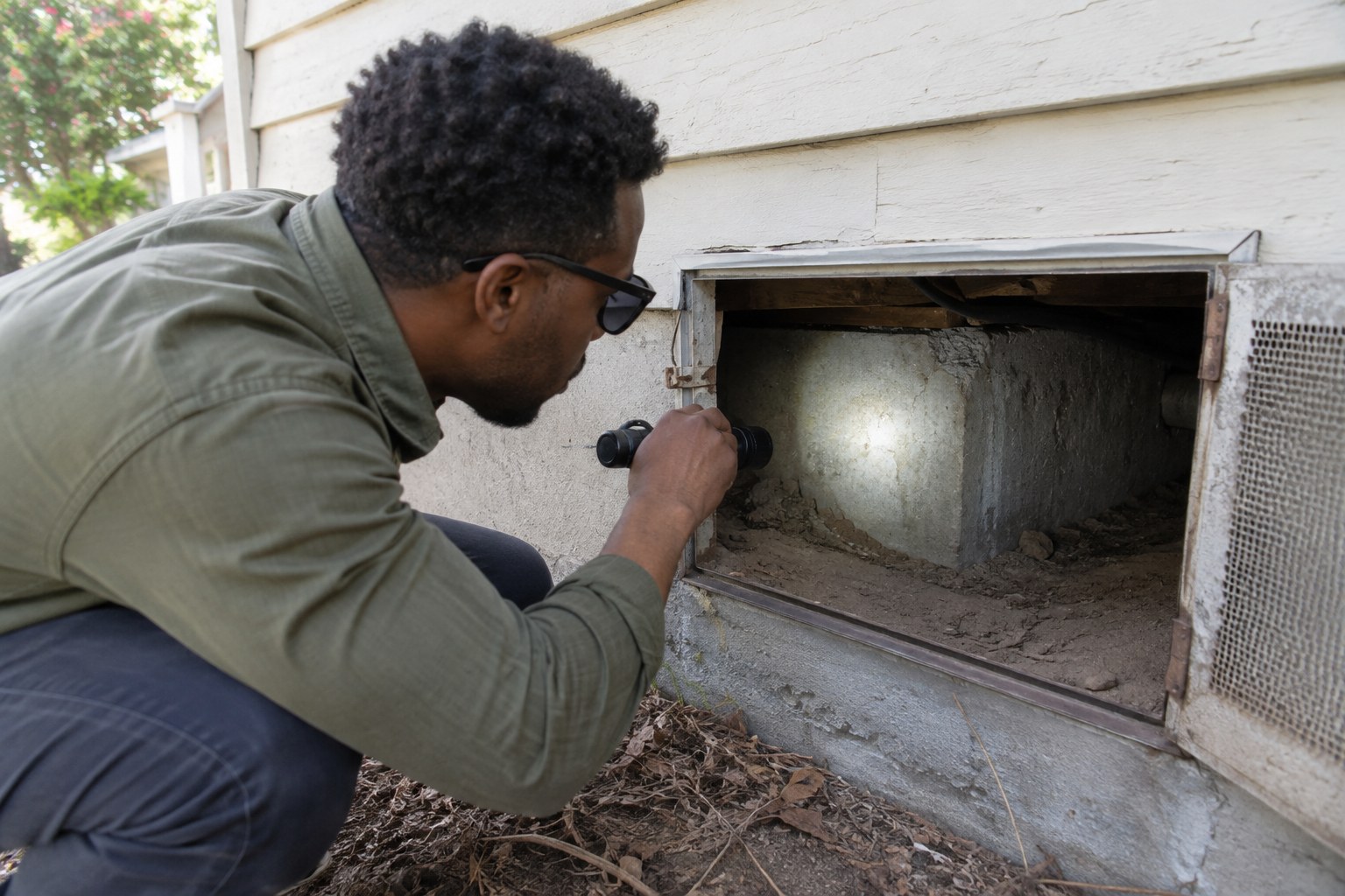 Engineer shining a flashlight into the crawlspace of an older raised-foundation house to inspect the foundation