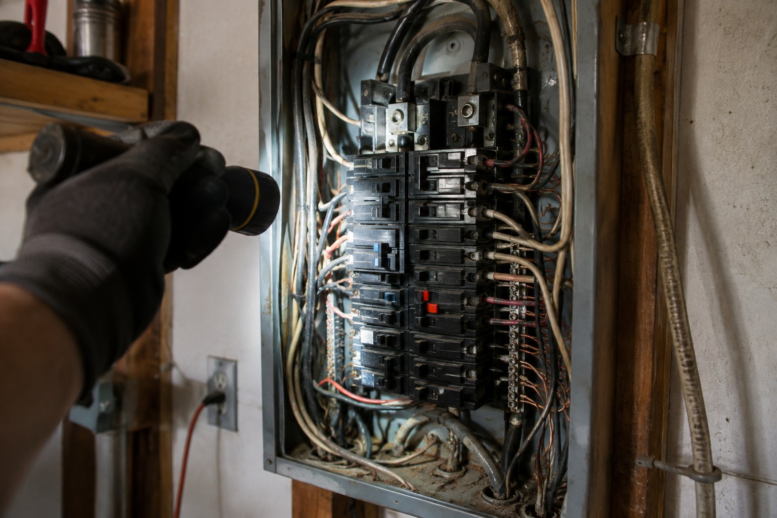 Flashlight lighting an older residential electrical panel with mismatched breakers and added wiring