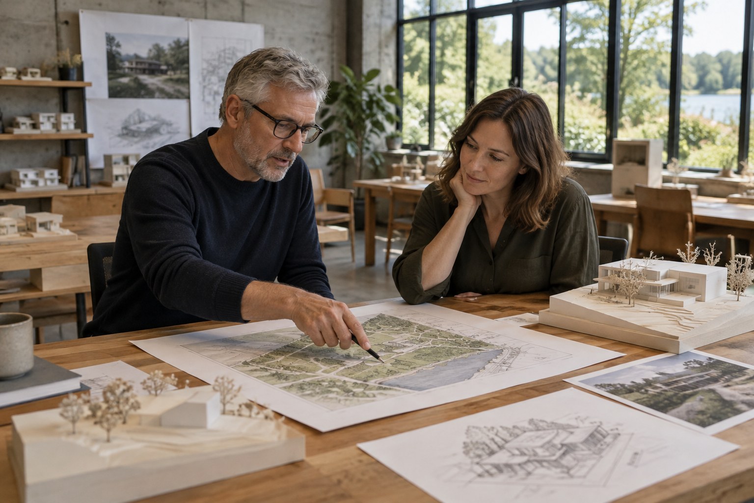 Architect reviewing a printed parcel site plan with a home buyer in a design studio with scale models