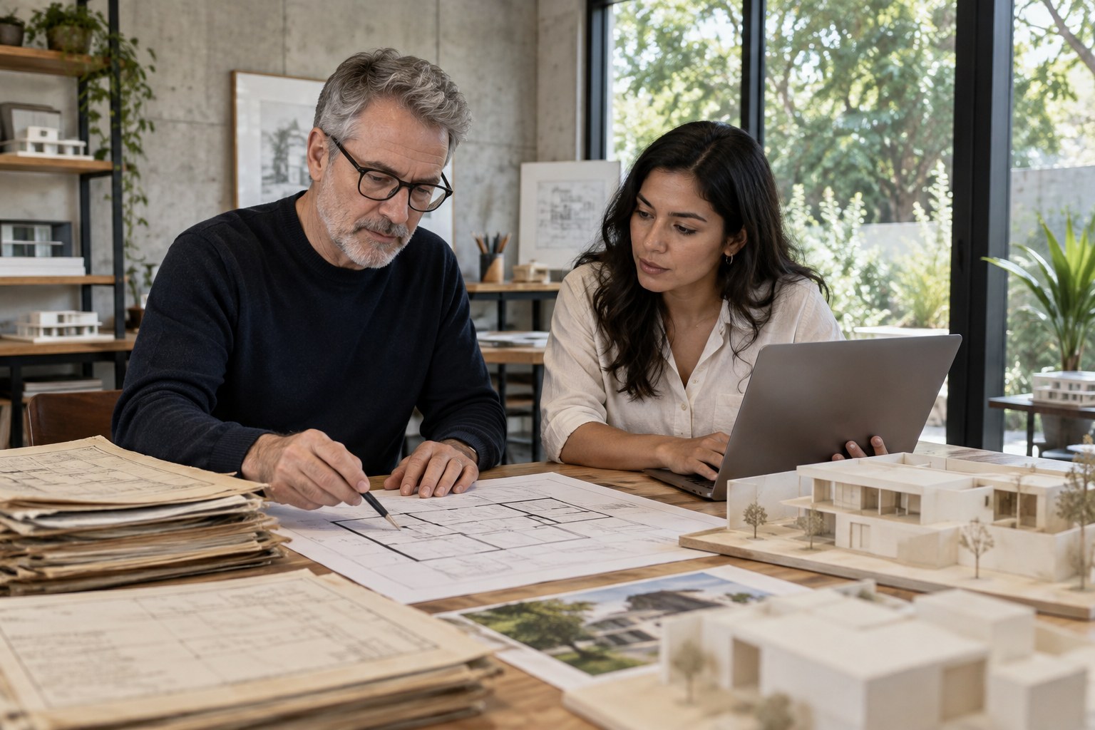 Architect comparing a house floor plan with old building records alongside a home buyer in a design studio