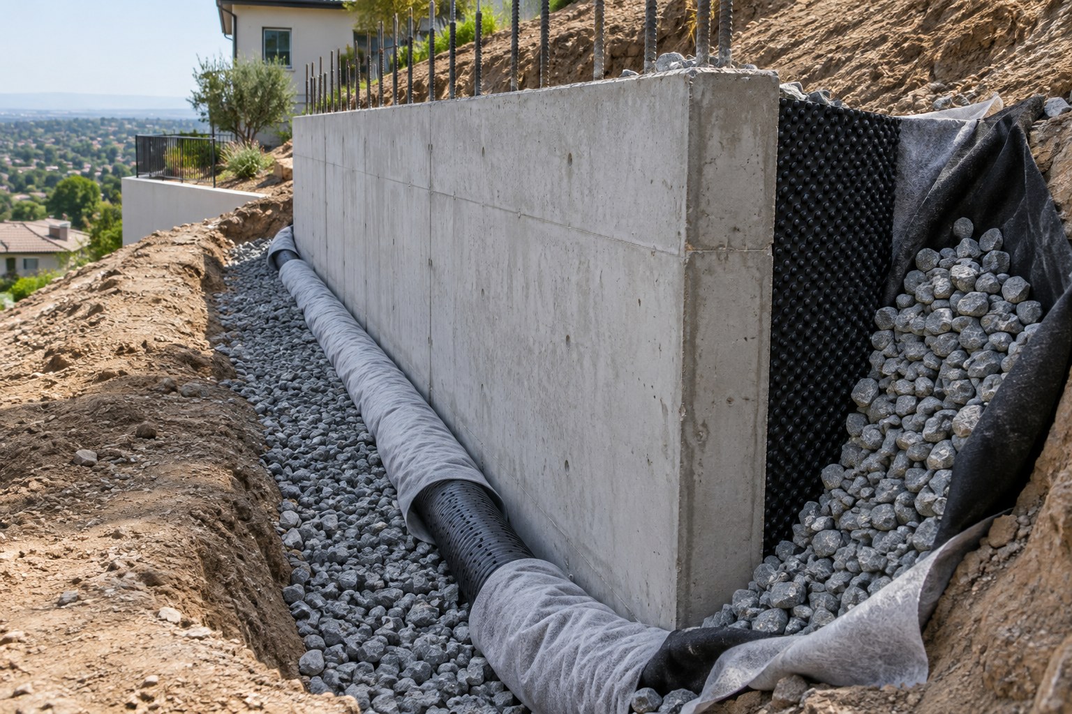 New residential retaining wall on a hillside with waterproofing, gravel backfill and a perforated drain pipe wrapped in filter fabric at the base