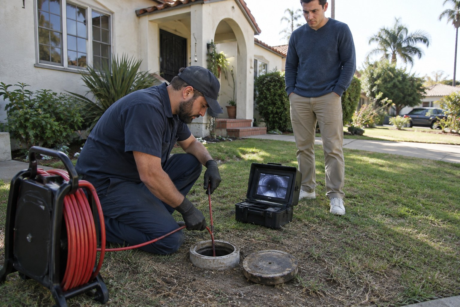 Technician feeding a camera into a sewer cleanout in the front yard of an older house while a buyer watches