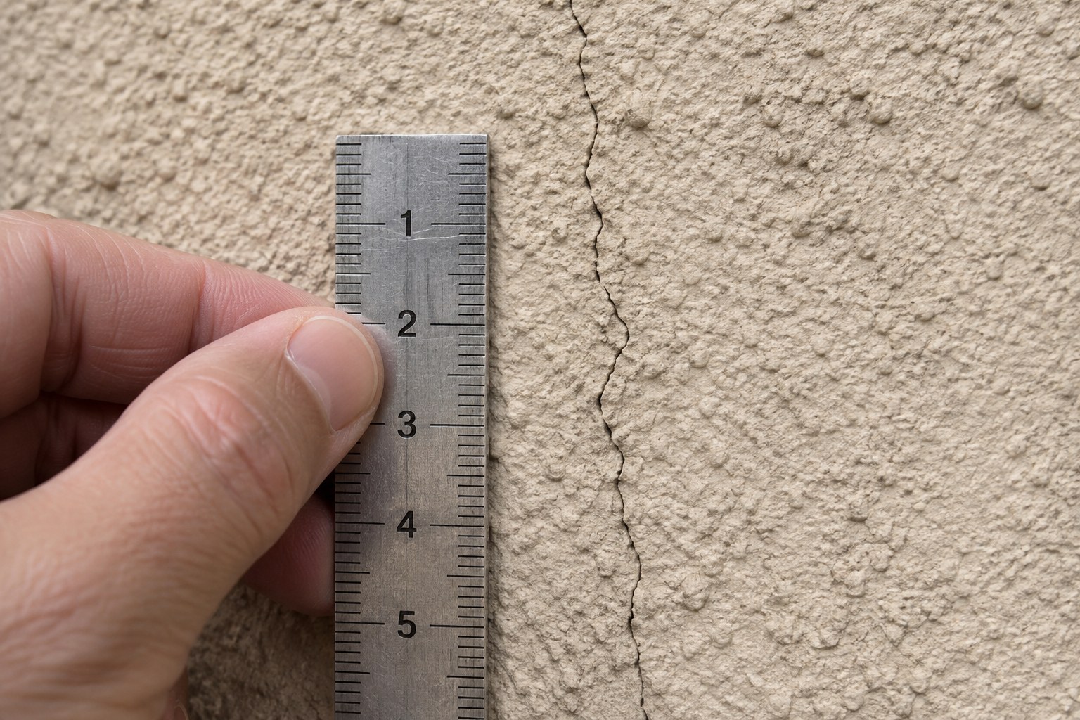 Hairline crack in beige stucco with a small metal ruler held beside it for scale