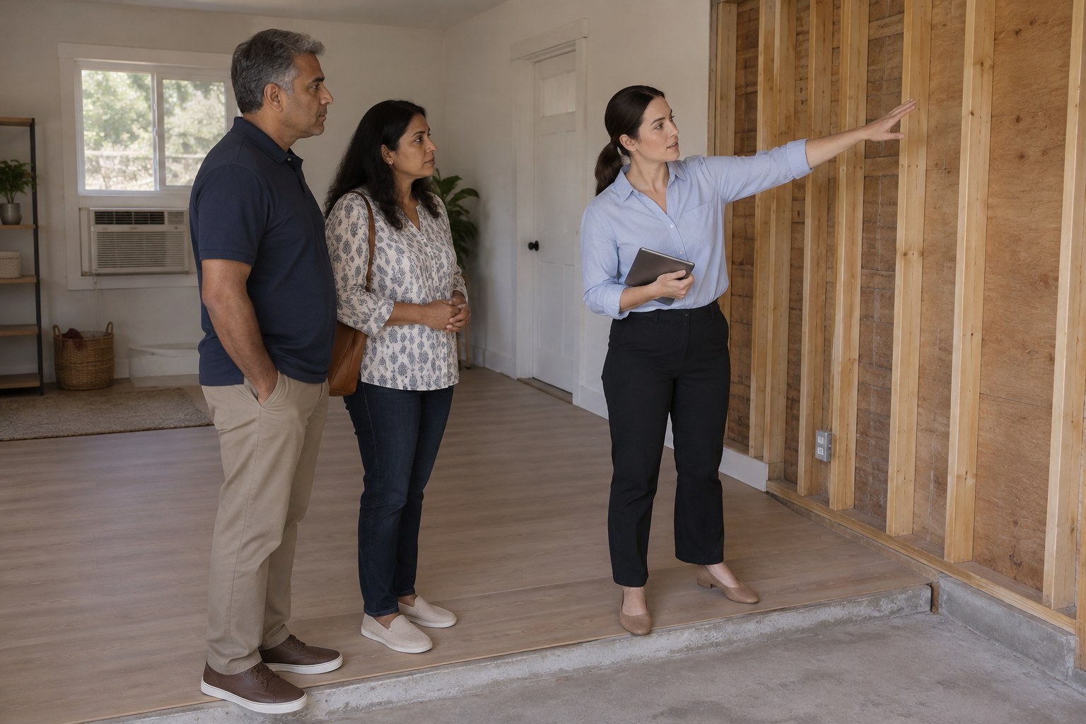 Architect showing home buyers the filled-in garage door wall of a converted garage during a walkthrough